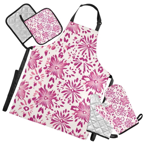 Splash Pink Pattern Oven Mitts and Pot Holders with Chef Apron Set 5 Pcs Kitchen Cooking Set