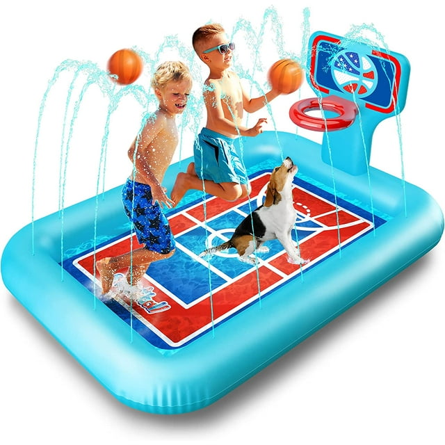 Splash Pool Pad With Sprinkler System, Hoop And 2 Inflatable Basketballs Splash Pad For Kids