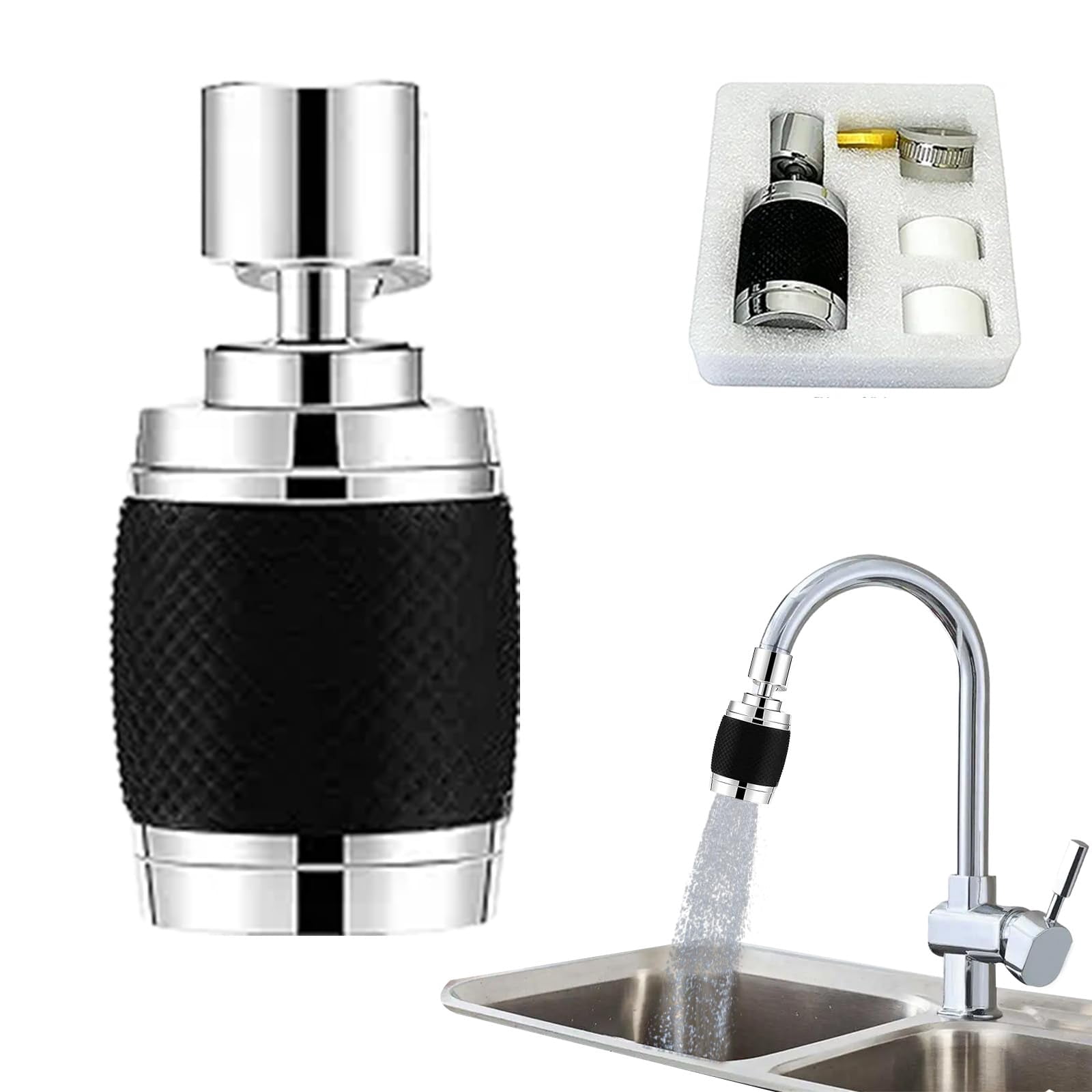 Splash Proof Booster Swivel Kitchen Filter Tap, 360° Degree Faucet Aerator with 3 Water Flow Modes, Universal Adapter Included, Easy Installation, Suitable