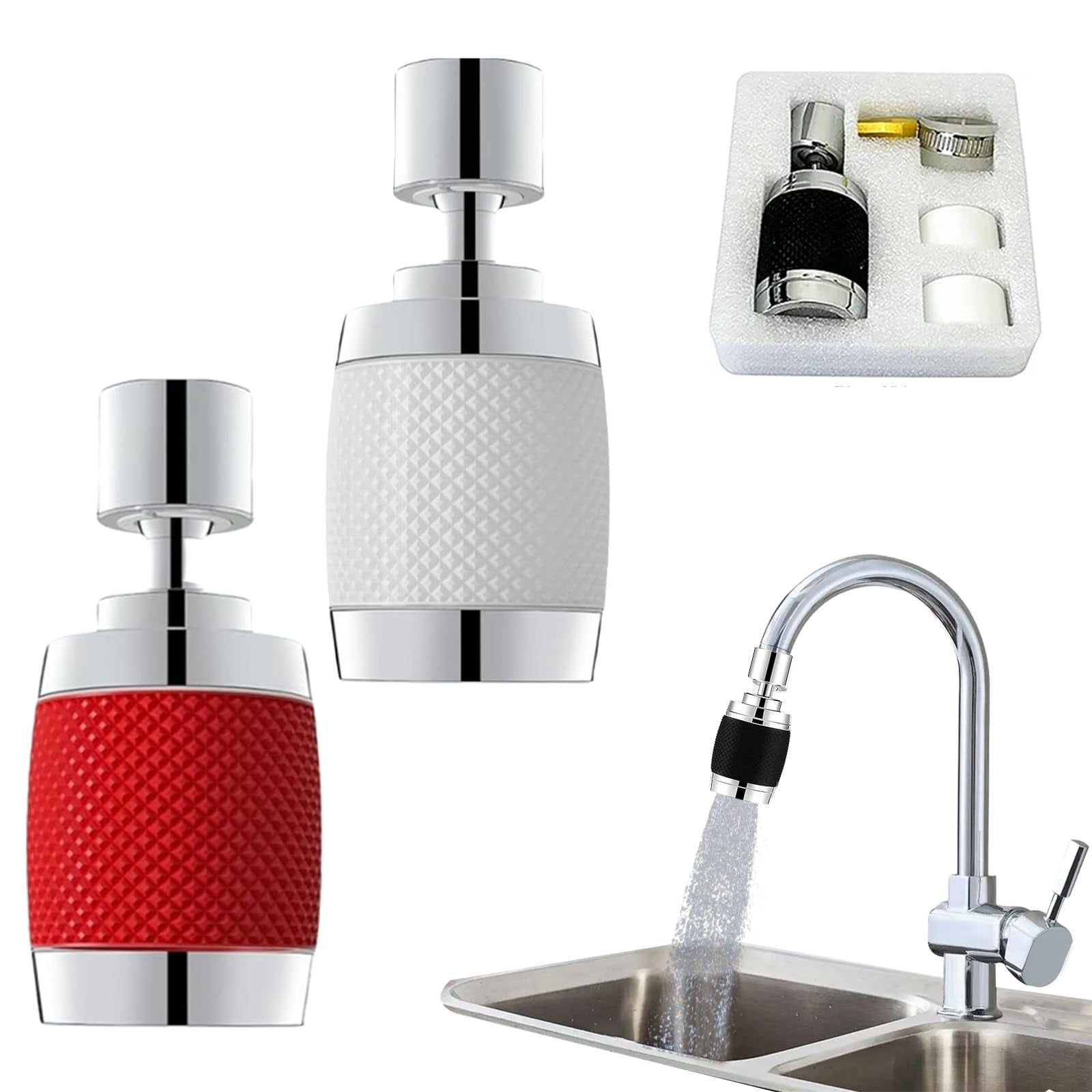 Splash Proof Booster Swivel Kitchen Filter Tap, 360° Degree Faucet Aerator with 3 Water Flow Modes, Universal Adapter Included, Easy Installation, Suitable