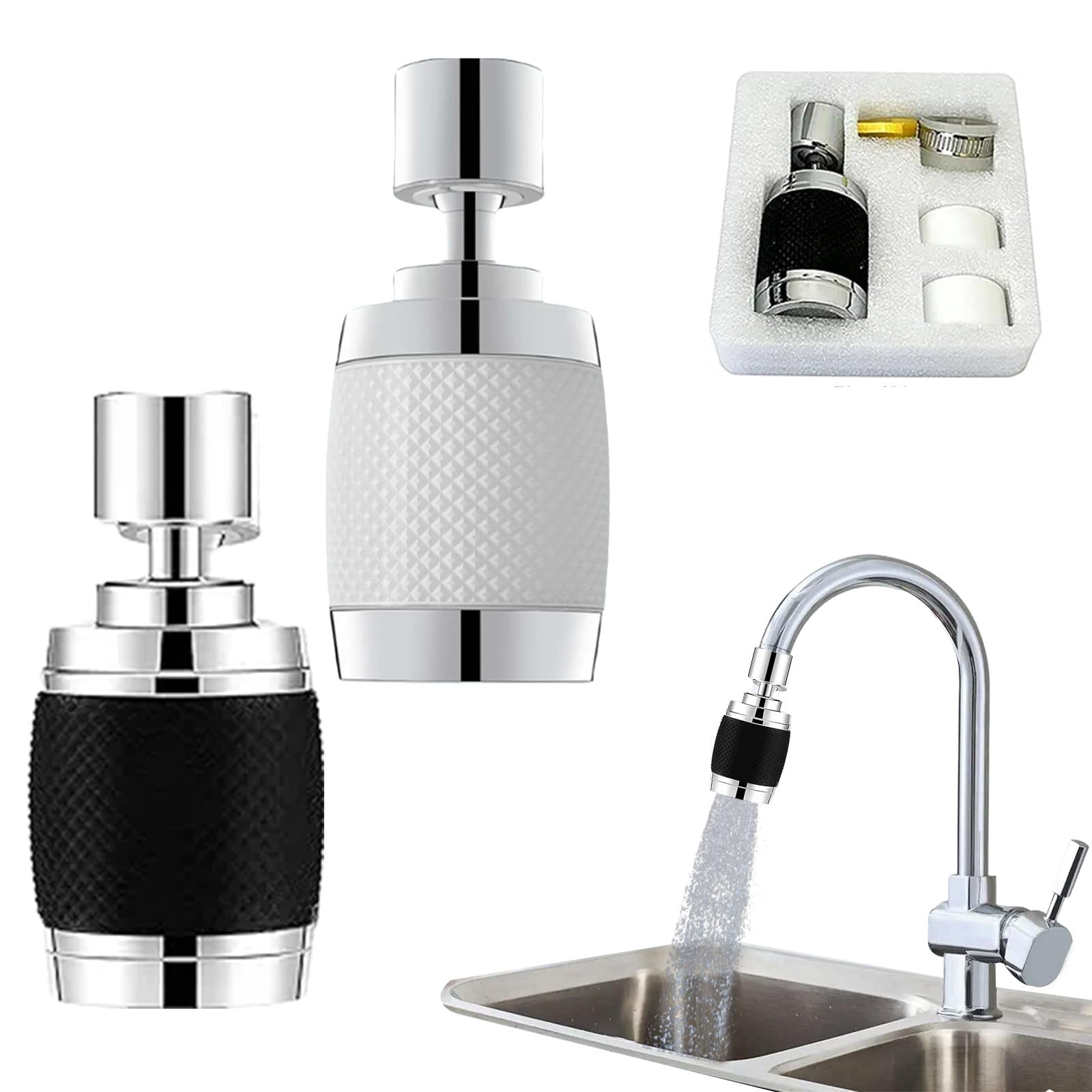 Splash Proof Booster Swivel Kitchen Filter Tap, 360° Degree Faucet Aerator with 3 Water Flow Modes, Universal Adapter Included, Easy Installation, Suitable
