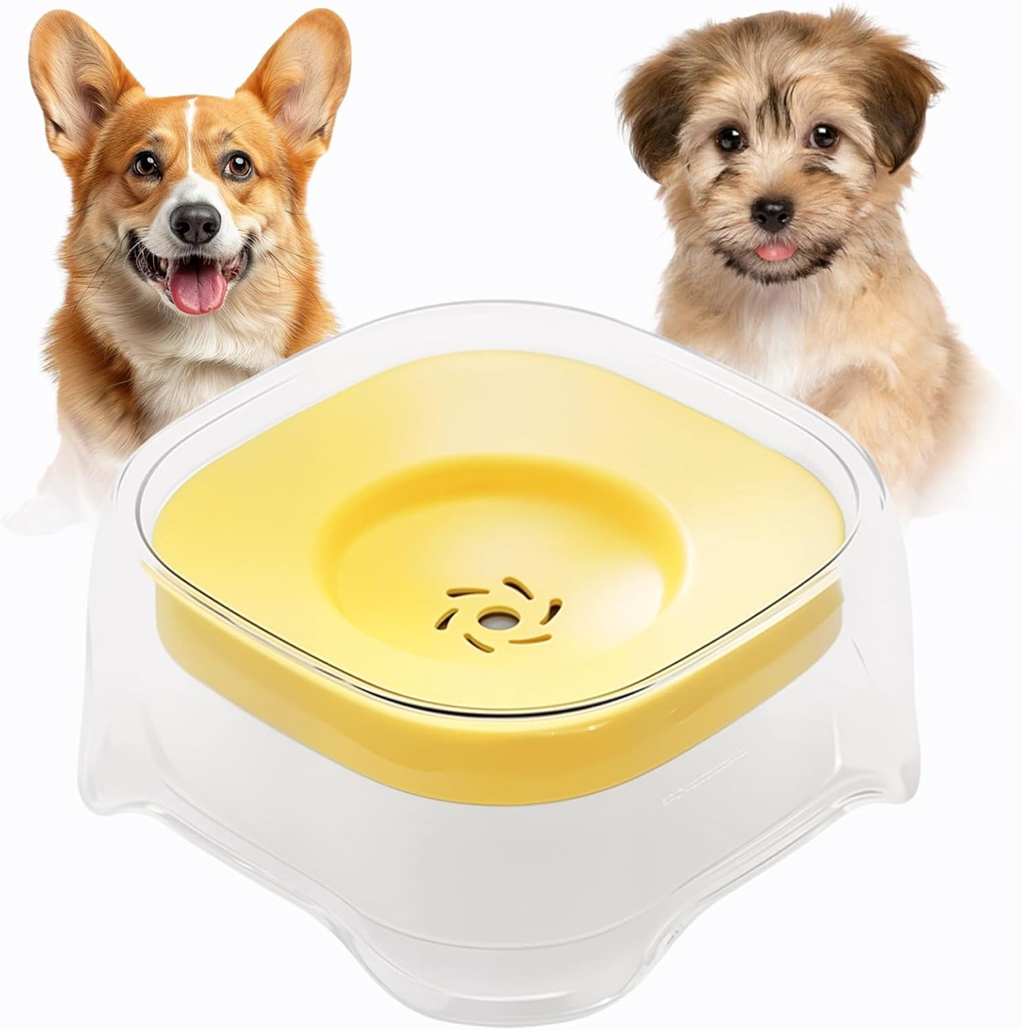 Splash-Proof Cat Dog Water Bowl, 2L, Anti-Spill, Slow-Drink(Yellow)