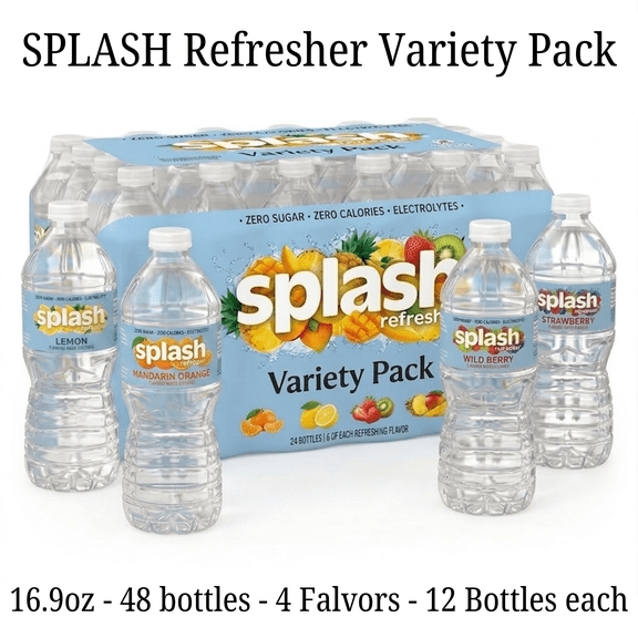 Splash Refresher Fruit Flavored Water Variety Pack, 16.9 fl oz Bottles, 48 Count (4 Flavors, 12 Bottles Each)