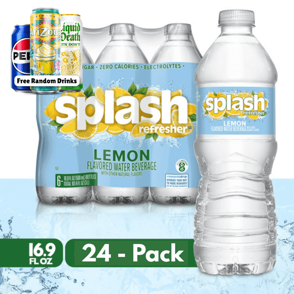 Splash Refresher Lemon Flavored Sparkling Water 16.9oz 24 Bottles Case + 3 Free Soda Cans