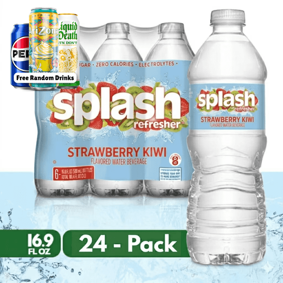 Splash Refresher Strawberry Kiwi Flavored Sparkling Water 16.9oz 24 Bottles Case + 3 Free Soda Cans