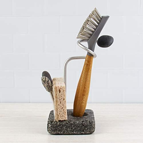 Splash Sponge and Brush Holder - Heavy Granite Base Kitchen Sink Caddy - Eco-Friendly Handmade Granite and Aluminium Organizer - One-Handed Grab & Quick-Dry Design - Made in USA