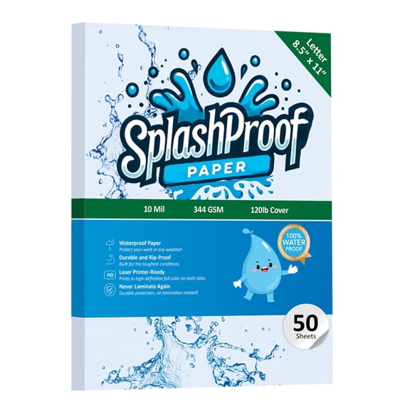 SplashProof Waterproof Paper, 8.5" x 11", 10 Mil, 50 Sheets