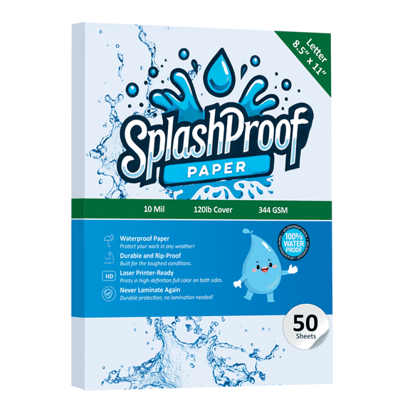 SplashProof Waterproof Rip-Proof Paper, 10 Mil, 8.5"x11" (50 Sheets)