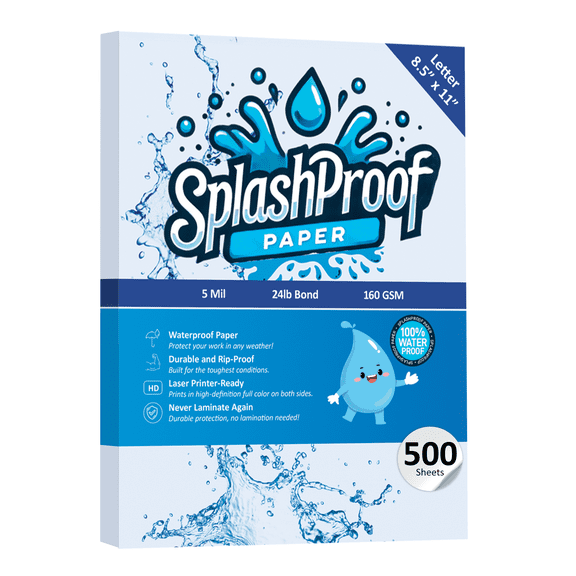 SplashProof Waterproof Rip-Proof Paper, 5 Mil, 8.5"x11" (500 Sheets)