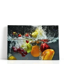 Splashing Fruits on Water - Wrapped Canvas Print Wall Art | 18" W x 12" H