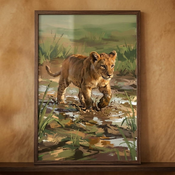Splashing Mud Lion Cub Safari Wall Decor Unframed Paper Print