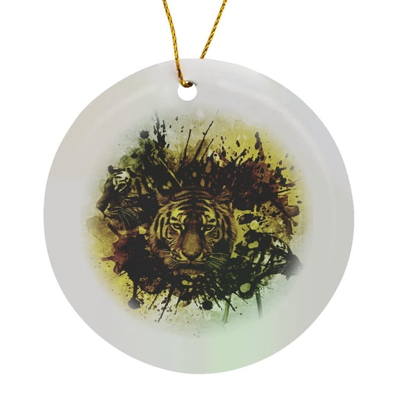 3drose, Splashing Tigers with Colorful Background, Circle Porcelain Ornament