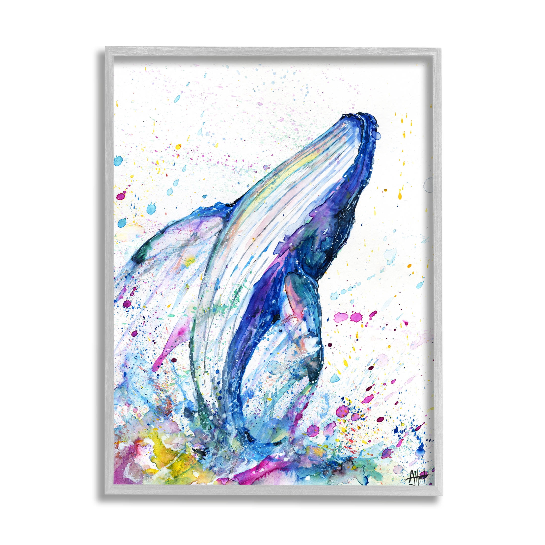 Splashing Whale Bubbles Marine Animals & Insects Graphic Art Gray Framed Art Print Wall Art