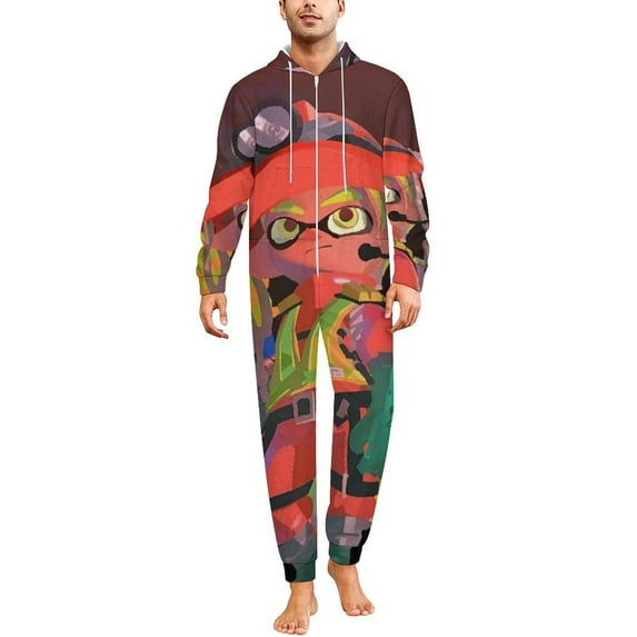 Splatoon Men's Hooded Jumpsuit - Zip Up One Piece Pajamas Soft Cozy Winter Warm Plush Loungewear