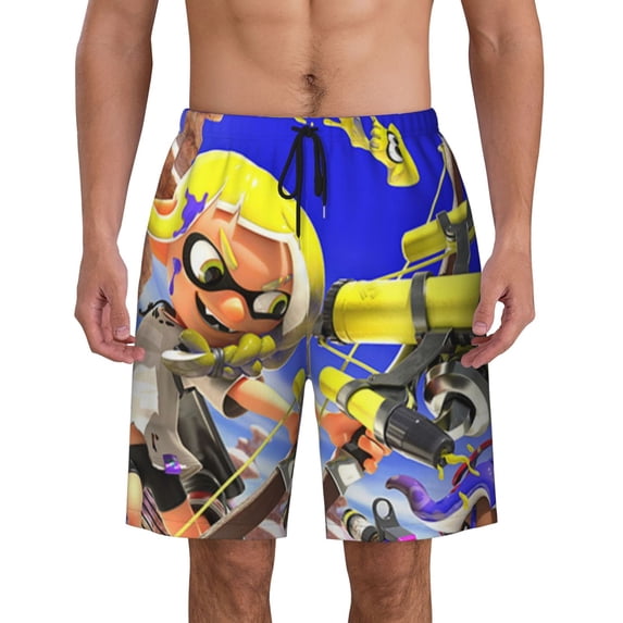 Splatoon Men's Swim Trunks Quick Dry Beach Board Shorts with Pockets Mesh Lining Bathing Suits