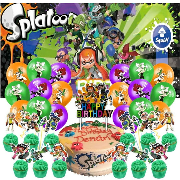 Splatoon Party Supplies Decor Kit Latex Balloons Birthday Cake Topper Banner Backdrop Decorations