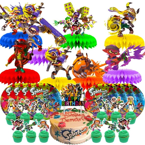 Splatoon Party Supplies Decor Plates Fans Decorations Honeycomb Centerpieces Cake Toppers