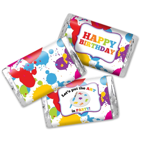 Splatter Art and Painting Birthday Mini Candy Bar Wrapper Stickers, 45 Pack Party Favor Labels, Peel and Stick Full Coverage Design, Made in USA, Amanda Creation