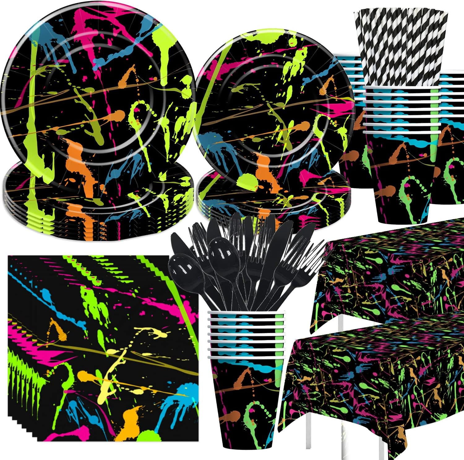 Splatter Art Themed Party Supplies Set - Includes Plates, Cups, Cutlery and Tablecloth - Decoration & Arrangement Combo for Birthday Parties and Festival Celebrations