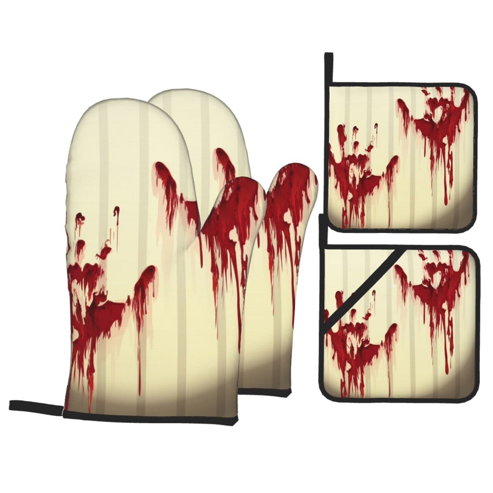 Splatter Bloody Hand Prints 4Pcs Oven Mitts and Pot Holders Sets Oven Kitchen Gloves Hot Pads for Cooking BBQ Baking Grilling
