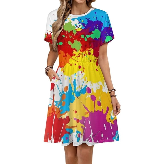 Splatter Color Background Women's Dress Short Sleeve Summer Sundress Summer Women Clothes