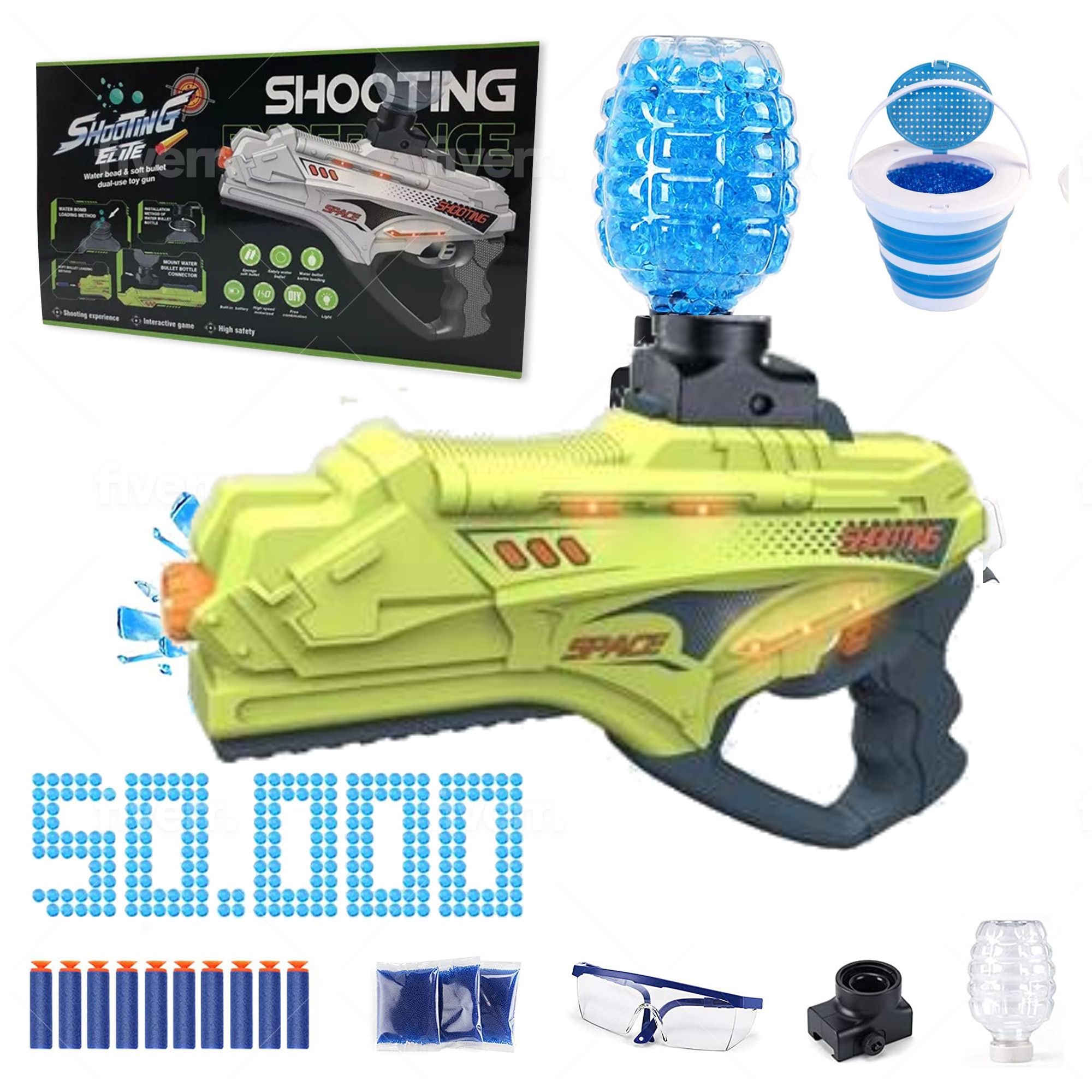 Splatter Gel Ball blaster Lime Color Gun with 50,000 Water Beads and Ammo Container