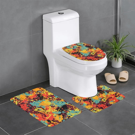 Splatter Ink Paint Grunge Splash 3-Piece Bathroom Rug Set Non-Slip Flannel Bath Mat 24"x16" U-Shaped Contour Mat Toilet Lid Cover