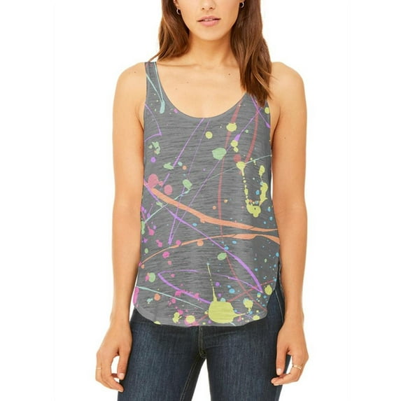 Splatter Paint Black Juniors Flowy Side Slit Tank Top Multi X-LG