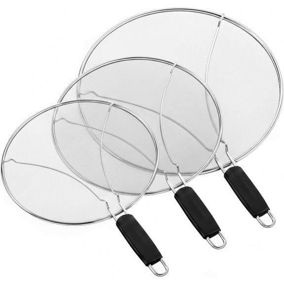 Splatter Screen for Frying Pan 3-Piece Set - Stainless Steel Grease Splatter Guard (13", 11.4", 9.8") - Oil Splash Guard & Fine Mesh Cover for Cooking Bacon