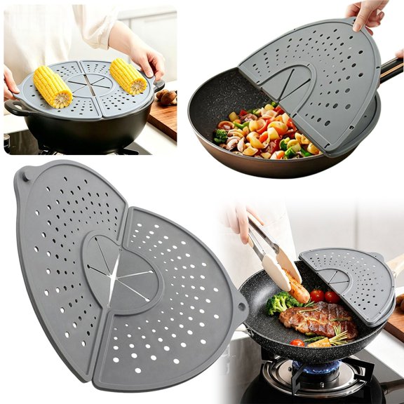 Splatter Screen for Frying Pan, Foldable Grease Splash Guard, Multi-Use Silicone Splatter Guard, Trivet Mat, Non-Stick Oil Splatter Guard, Dishwasher Safe, BPA Free, Gray