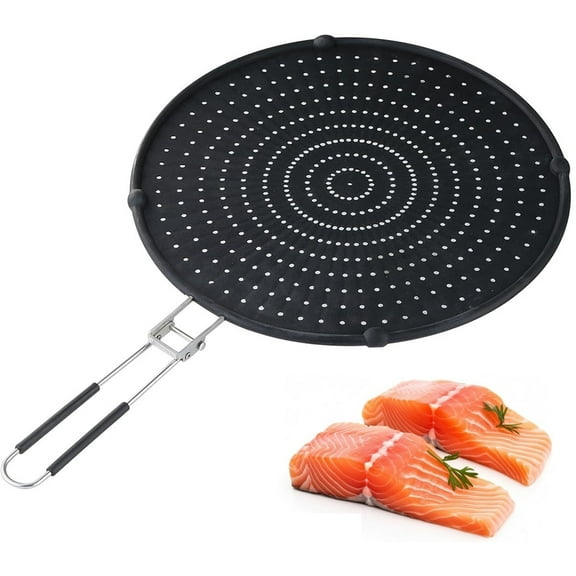 Splatter Screen for Frying Pan with Folding Handle, GIXUSIL Non Stick Splatter Pan Cover Heat-Resistant Multi-Use Grease Splatter Guard for Frying, Cooking, Dishwasher Safe (13 inch, Black)