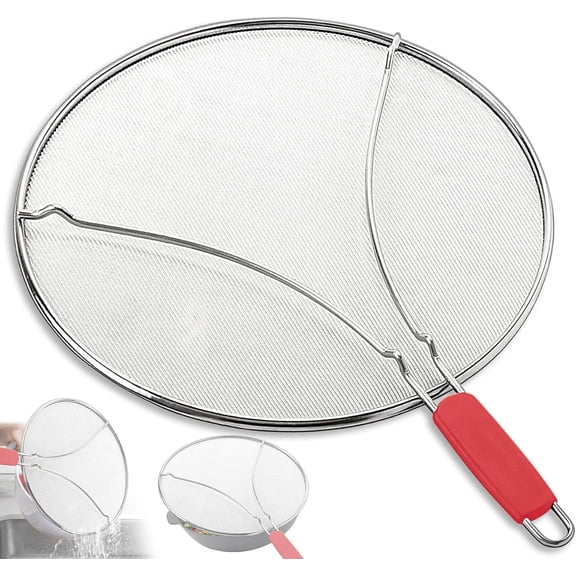 Splatter Screen for Frying Pan & Food Strainer,13 Inch Stainless Steel Grease Splatter Guard,Shield from Splashing Oil, Dishwasher Safe(Red)