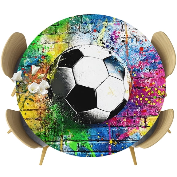 Splatter Soccer Round Tablecloth 36-44 Inch Round Fitted Table Cloth with Elastic Edge, Football Paint Drips Industrial Waterproof Table Cover Protector for Outdoor Picnic Party Dining