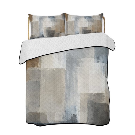 Splattered Gray Quilts Bedding Set Full Size Abstract Slate Silver Faded Blocks Concrete Texture Lightweight Quilted Bedspread 3 Piece Bed Quilt with 2 Pillow Shams All Season for Bedroom 68" x 98"