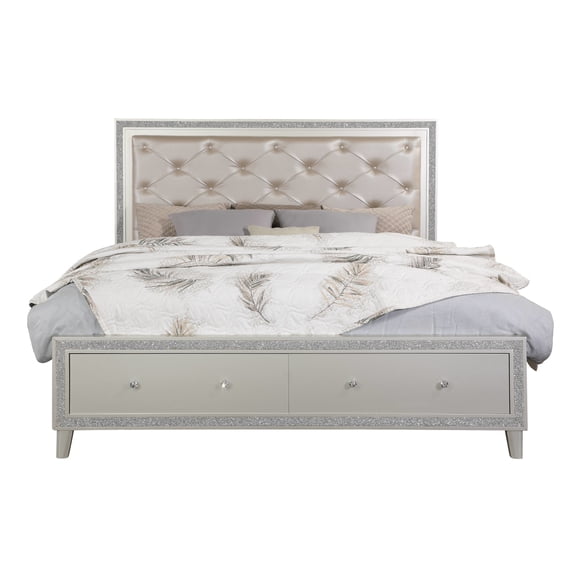 Splendid Ck Bed With Led & Storages - Champagne Color, 90" Width Mattress Fit Ravishing Synthetic Leather, Modern Bedroom