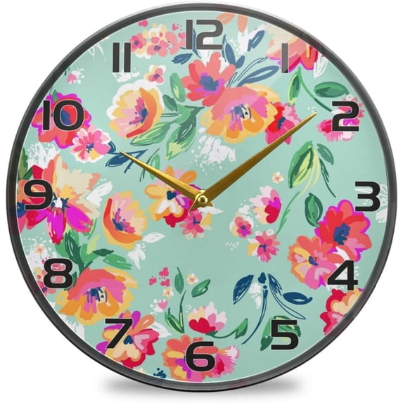 Splendid Flowers Wall Clock, 9.5 Inch Round Wall Clock, Acrylic Wall Clock for Bedroom, Living Room, Office Home Decor