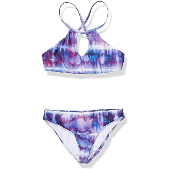 Splendid Girls' Crisscross High Neck Bikini Top Bottom Swimsuit Set, Blue, 14