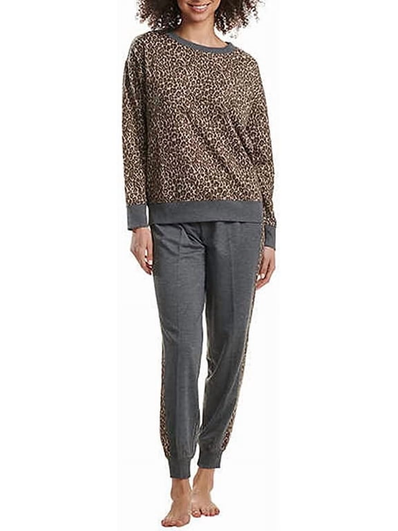 Ladies' Jogger and Crew Neck Set Size: XL, Color: Oatmeal Leopard/Charcoal Heather