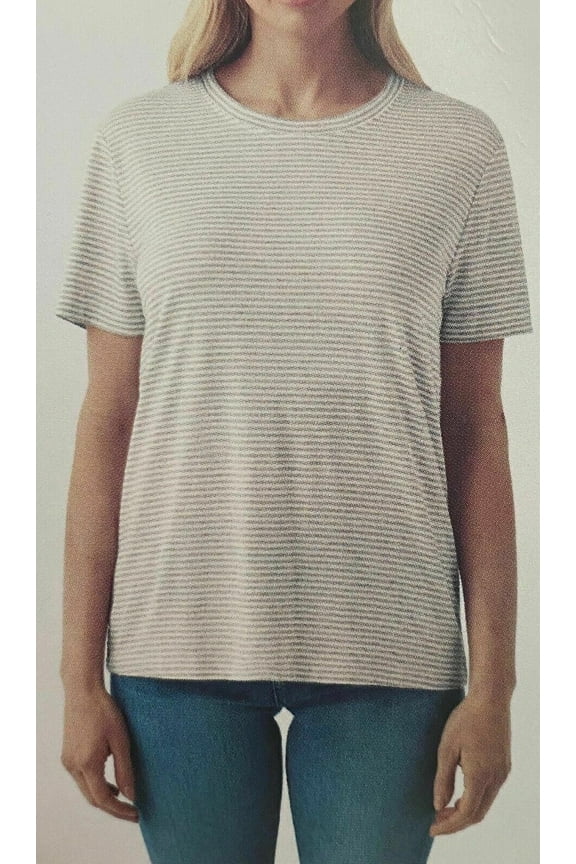 Ladies Short Sleeve Cotton Modal Crew Neck Top Shirt, White/Gray Medium