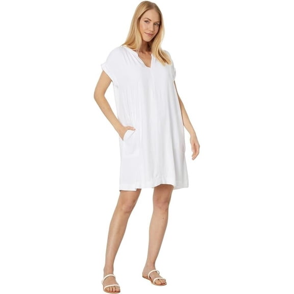 Splendid Shiloh Shift Dress Women's Large White Seam Pockets Split Neck JDM668