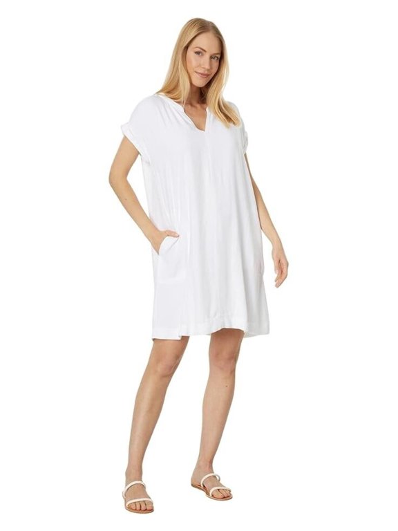 Shiloh Shift Dress Women's Large White Seam Pockets Split Neck JDM668