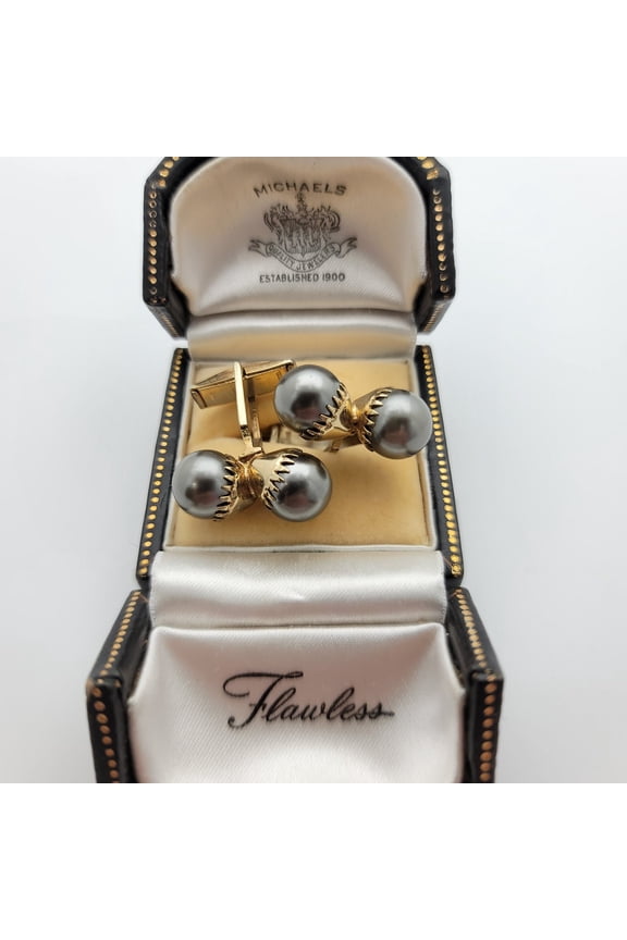Splendid Vintage Gold Plated Cufflinks with Double Gray Faux Pearls
