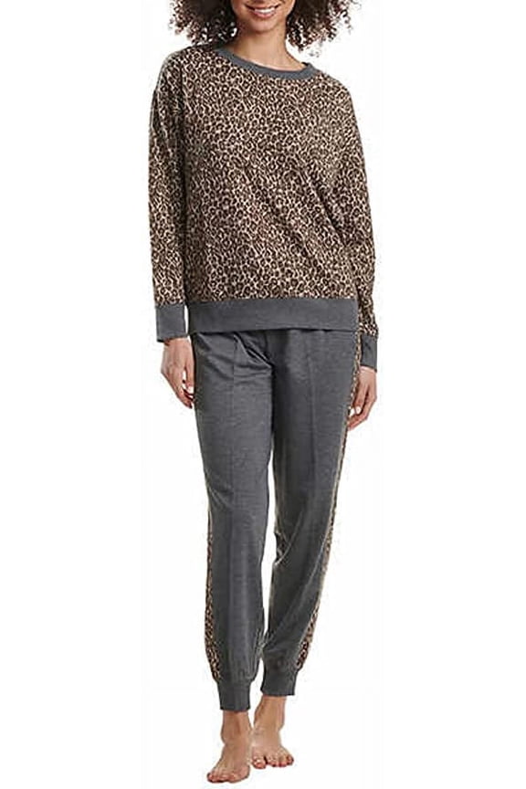 Women's 2-Piece Pajama Set Long Sleeve Crewneck Top Jogger Pants (X-Small, Leopard)