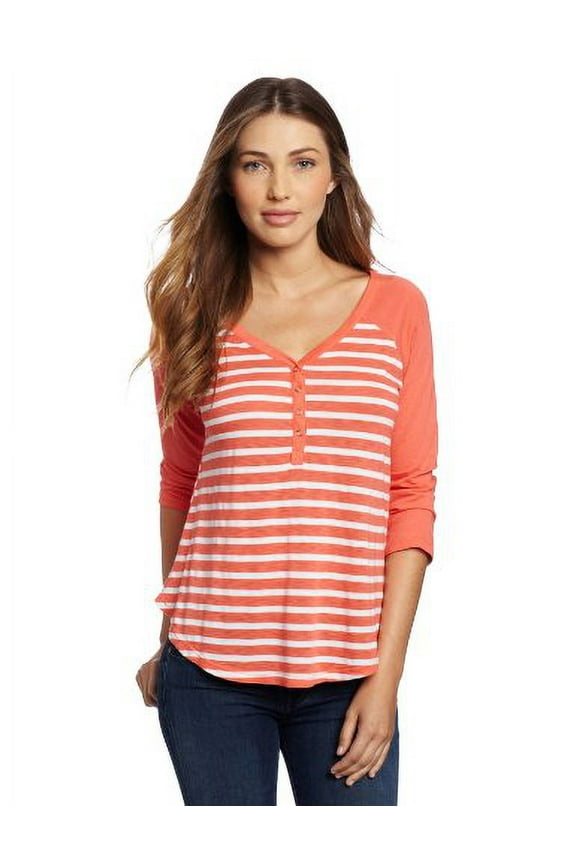 Women's Always Mediterranean Stripe Henley Tee, Hot Coral, Large