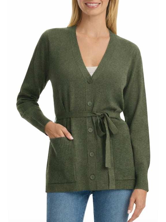 Womens Belted Cardigan Sweater Button Front Long Sleeve Pockets Soft Knit - Green - Large