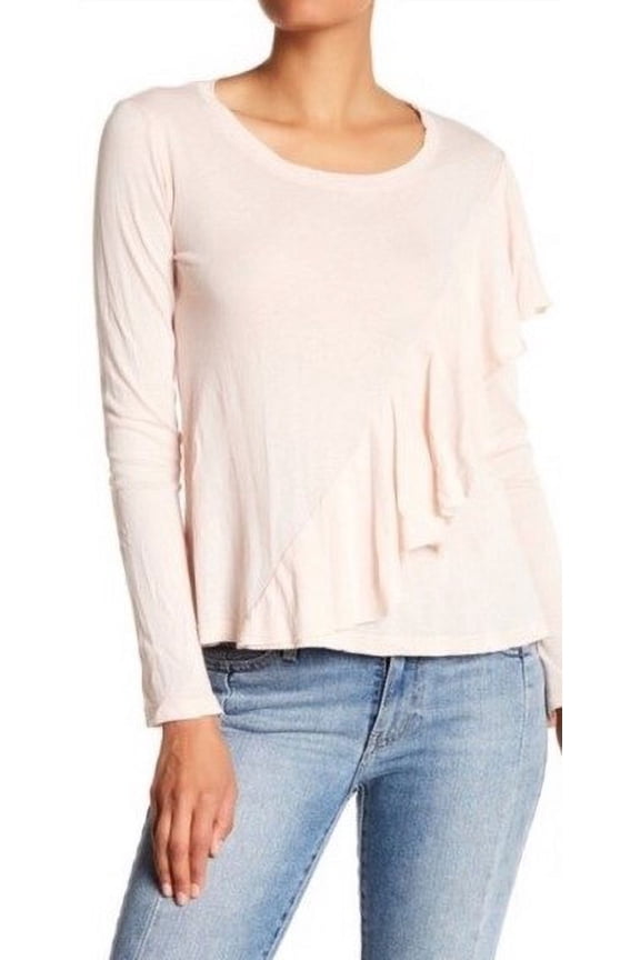 Women's Cotton Ruffle Accent Long Sleeve Tee, Pale Pink, Small