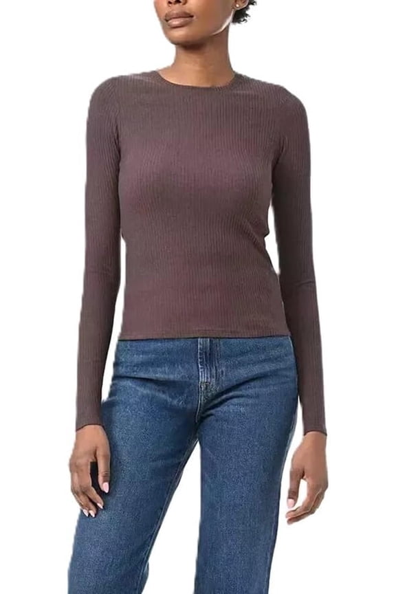 Women's Long Sleeve Ribbed Crewneck Top (Brown, L)