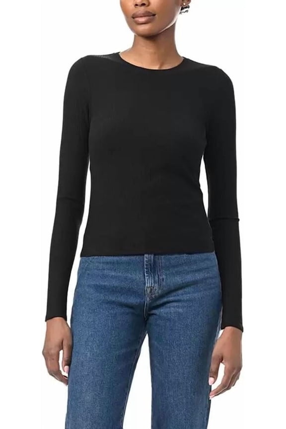 Women's Long Sleeve Ribbed Crewneck Top, Black, XXL