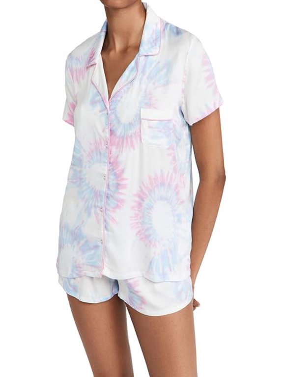 Women's Notch Collar Short Sleeve, Burst Tie Dye, Medium