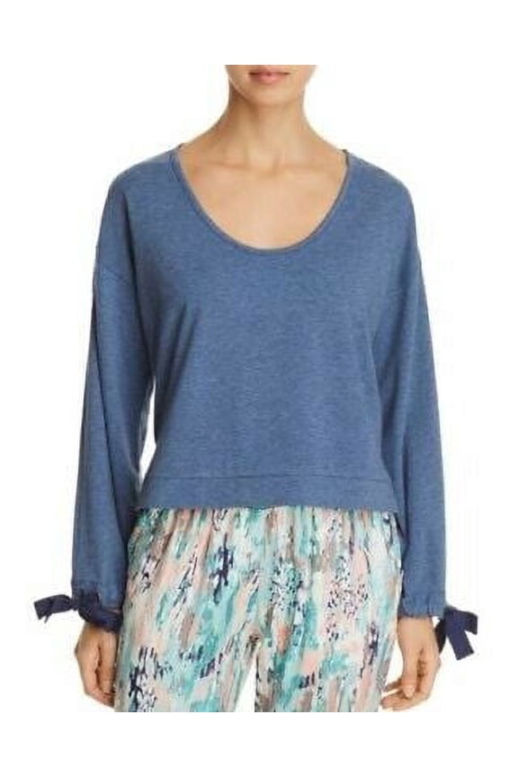 Women's PJ Drawstring Long Sleeve Cropped Top Pullover Blue L, MSRP $52